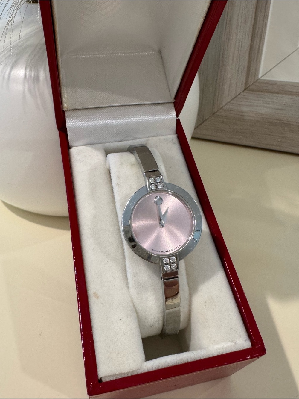 Movado Ladies Silver Bangle Watch with Pink Dial
